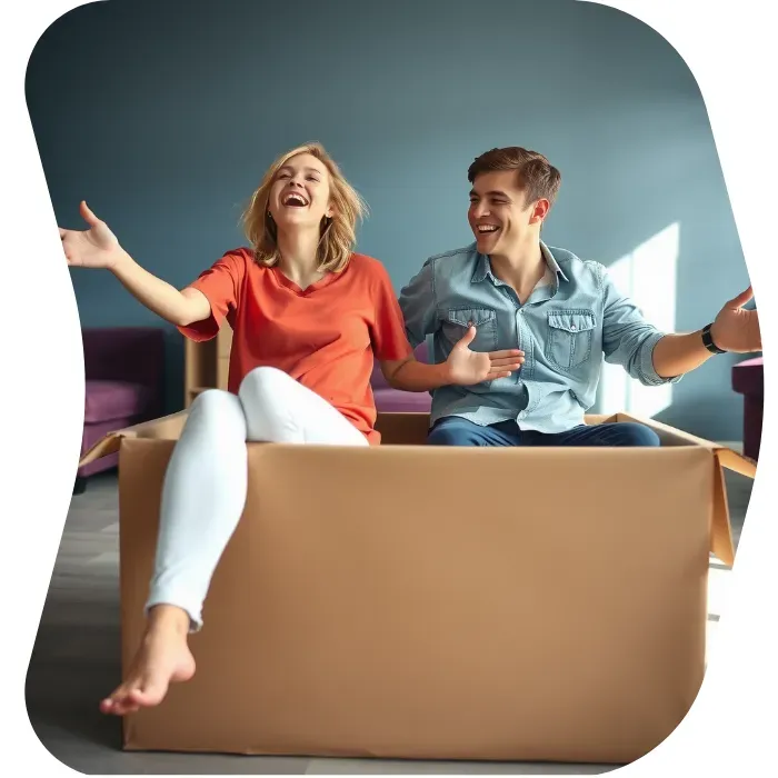 Two guys sitting on the floor of their apartment with Muval moving boxes